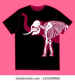 Black T-shirt with print elephant skeleton on it.