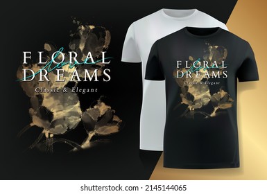 Black t-shirt with print. Silkscreen.
Flower dreams. Classic and elegance. Fashion. Textile print. Set of 2 T-shirts, black and white. The background.