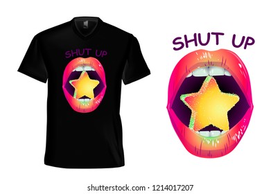 Black T-shirt with red lips candy and letters