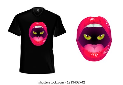 Black T-shirt with red lips and cat eyes
