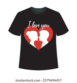 Black T-shirt with Romantic I Love You Graphic Design. Valentines day poster. I love you. Shape heart, black kiss lips. Romantic wallpaper for girls, fashion, holidays card, t shirt