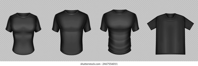 Conjunto de camiseta negra aislado sobre fondo transparente. Ilustración realista de Vector de la maqueta de la camisa masculina con espacio en blanco para la marca, ropa interior de algodón unisex, ropa deportiva de poliéster, accesorio uniforme