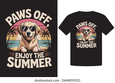 A black t-shirt showcasing a graphic design with a dog wearing sunglasses, palm trees, ocean, a beach and the text Paws Off, Enjoy the Summer.