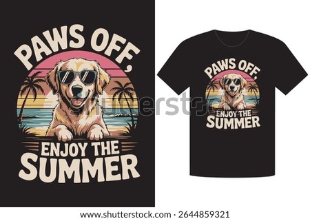 A black t-shirt showcasing a graphic design with a dog wearing sunglasses, palm trees, ocean, a beach and the text Paws Off, Enjoy the Summer.