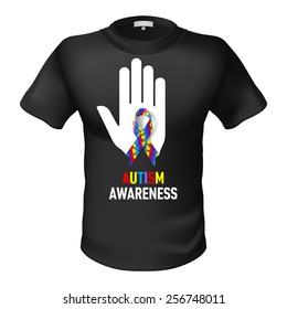 Black t-shirt with sign autism awareness. White hand with colourfull ribbon