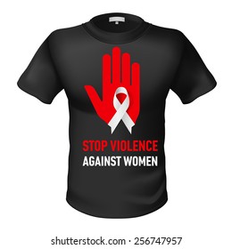Black t-shirt with sign stop violence against woman. Red hand with white ribbon