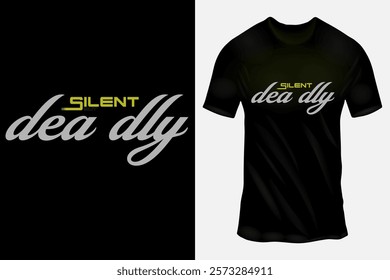 Black T-shirt with 'Silent But Deadly' Text Design in Yellow, Green, and White Colors on Black Background