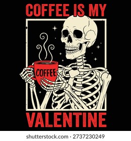 A black t-shirt with a skeleton holding a coffee cup