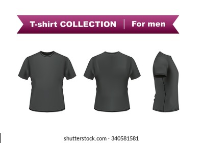 Black t-shirt template front, side and back view, vector eps10 illustration.