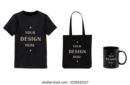 Black T-shirt, Black tote bag, Black mug template set. Vector illustration