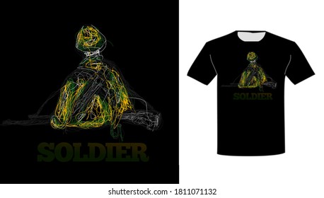 ilustración vectorial de camiseta negra con diseño abstracto y inscripción "soldado".