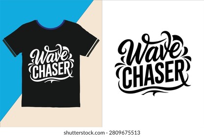 Black tshirt with white wave chaser logo on blue and beige background and logo on white