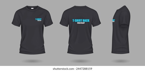 Black t-shirts with copy space realistic vector illustration set. Casual apparel with print mockup template 3d objects on grey background