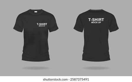 Black t-shirts with copy space realistic vector illustration set. Casual apparel with print mockup template 3d objects on grey background