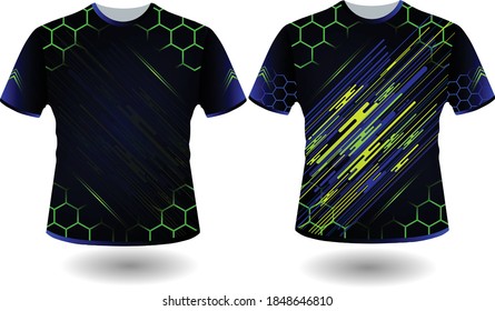 black t-shirts with hexagons and colored lines