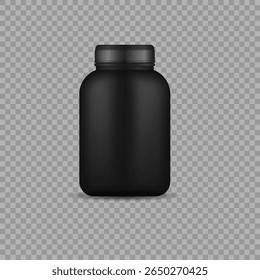 Black tub mockup. Realistic 3d protein bottle with cap and label for sport nutrition or dietary supplement. Isolated plastic container for powder, pills, vitamins, gainer or cosmetic product packaging