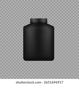 Montagem de banheira preta. Frasco de proteína 3d realista com tampa e rótulo para nutrição esportiva ou suplemento dietético. Recipiente de plástico isolado para pó, comprimidos, vitaminas, gainer ou embalagem de produto cosmético