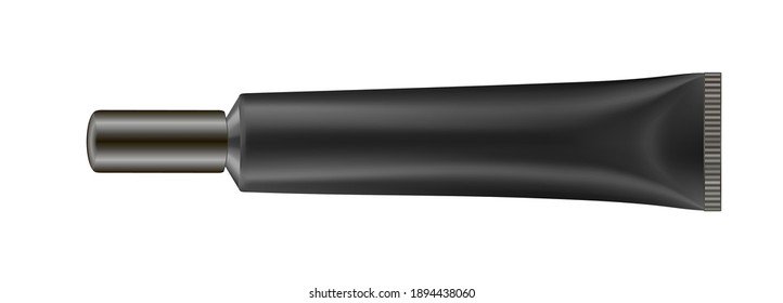 Black tube with long cap. Realistic 3d tube. Vector illustration. Salve or ointment. Concealer or face foundation. Serum packaging. Metal and plastic.