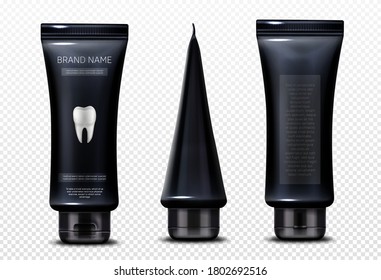 Black tube with toothpaste isolated on transparent background. Vector realistic mockup of paste for dental clean and oral hygiene in black plastic package front, side and back view