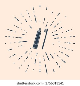 Black Tube of toothpaste and toothbrush icon isolated on beige background. Abstract circle random dots. Vector Illustration