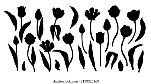 Schwarze Tulpenblumen, Silhouetten einzeln auf weißem Hintergrund