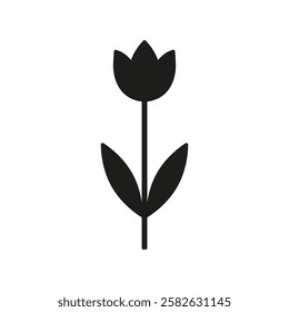 Black tulip icon. Fllower with leaves icon. Vector. Flat design.