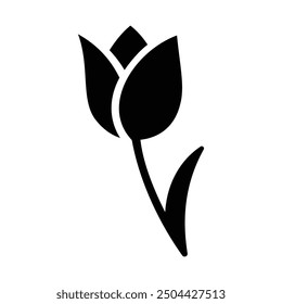 Black Tulip vector icon, tulip silhouette with leaf on white background editable.