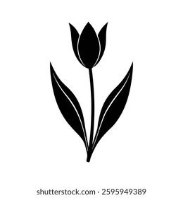 Black Tulip vector icon, tulip silhouette with leaf on white background editable.