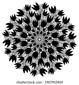 Black tulips mandala print stock vector illustration. Lovely spring blossom tulips flowers ornamental mandala isolated on white. Radial symmetry floral circle spring print for t-short, bags and more