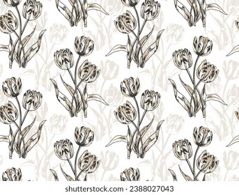 Black tulips spring flowers, seamless vector background,Seamless vector background with tulips. Hand drawn illustration.