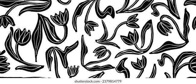 Black tulips vector seamless pattern. Hand drawn silhouettes of spring flowers tulips. Dry brush style floral motives. Black paint illustration with abstract flowers