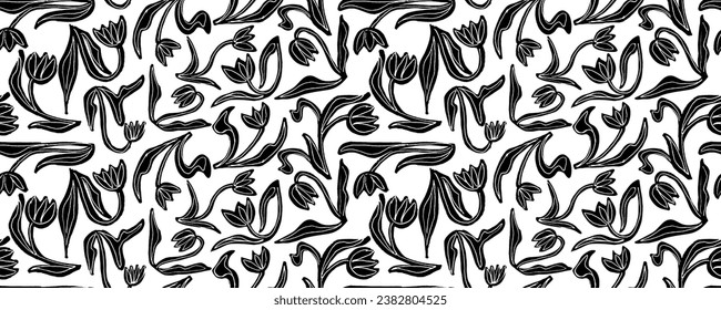 Black tulips vector seamless pattern. Hand drawn silhouettes of spring flowers tulips. Dry brush style floral motives. Black paint illustration with abstract flowers