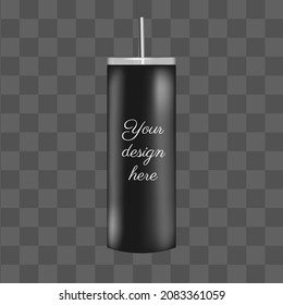 Black tumbler isolated for sublimation mockup template. 3d vector object isolated. Takeaway coffee cup with straw 