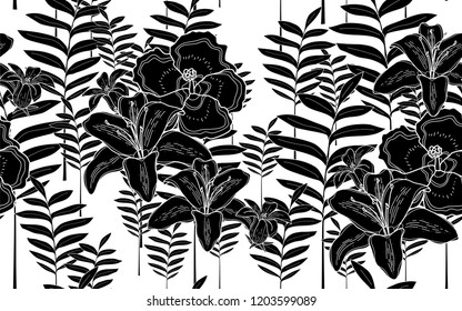 Black tumeric flowers and leaves pattern. Vector illustration. Botanical seamless wallpaper. Digital nature art. Cartoon style sketch. White background.