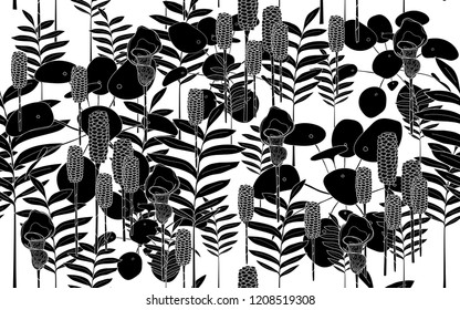 Black tumeric leaves and flowers pattern. Vector illustration. Botanical seamless wallpaper. Digital nature art. Cartoon style sketch. White background.