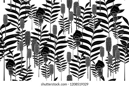 Black tumeric leaves and flowers pattern. Vector illustration. Botanical seamless wallpaper. Digital nature art. Cartoon style sketch. White background.