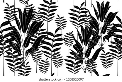 Black tumeric leaves pattern. Vector illustration. Botanical seamless wallpaper. Digital nature art. Cartoon style sketch. White background.