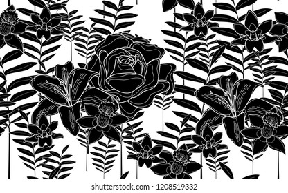 Black tumeric leaves and roses pattern. Vector illustration. Botanical seamless wallpaper. Digital nature art. Cartoon style sketch. White background.