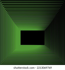 black tunnel background.glowing square frame dimension.retro rectangular tunnel.Square tunnel pattern  Black and green.Fluorescent square neon tunnel vector.Square abstract background.