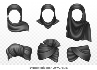 Black turbans and hijabs, indian and arab headdress for man and woman. Vector realistic set of winding headscarves, traditional muslim and islam clothes, pagdi isolated on white background