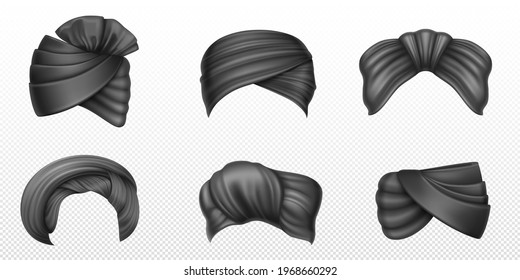 Black turbans, indian and arab headdress for man and woman. Vector realistic set of winding headscarves, traditional clothes in India, pagdi isolated on transparent background