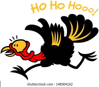 Black turkey completely frightened and feeling in big trouble. In hurry to leave, to run away after having heard Santa Claus laughing