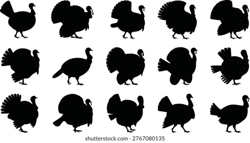Black turkey silhouettes, showcasing various bird stances, suitable for Thanksgiving, farming, or nature-related projects.
