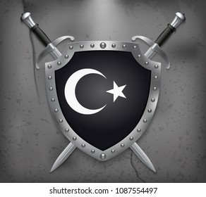 Black Turkish Flag with White Crescent and Star. The Shield with National Flag. Two Crossed Swords. Vector Medieval Background