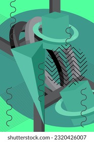 Banner de afiche de tema simple y geométrico negro y turquesa. Geometrical ocupado retro gráfico mínimo fondo. Plantilla de formas aleatorias vintage para el diseño de portada.