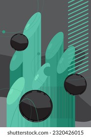 Black and turquoise geometric dark simple theme poster banner. Geometrical busy retro graphic minimal background. Vintage random shapes template for cover design.