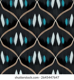 Black and turquoise patterned fabric with white geometric lines, grunge lines ikat pattern, ikat seamless pattern, Vector illustration background for print the paper.