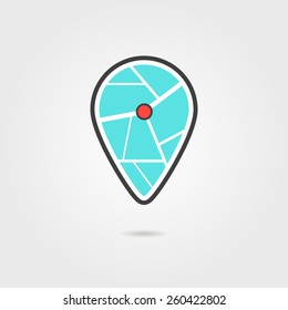 black and turquoise pin icon with shadow. concept of navigate, show address, indicate, geo service, find home. isolated on grey background. flat style trendy modern logotype design vector illustration