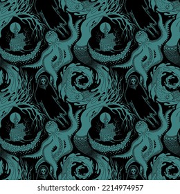 BLACK AND TURQUOISE VECTOR SEAMLESS PATTERN WITH DIFFERENT PHANTASMAGORIC SCARY CREATURES OF THE ANIMAL AND AQUATIC WORLD