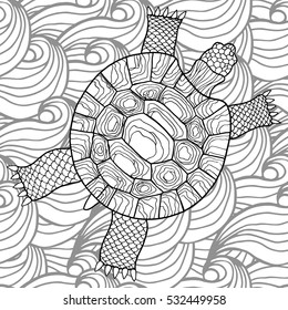 Black Turtle on waves background. Adult coloring book.